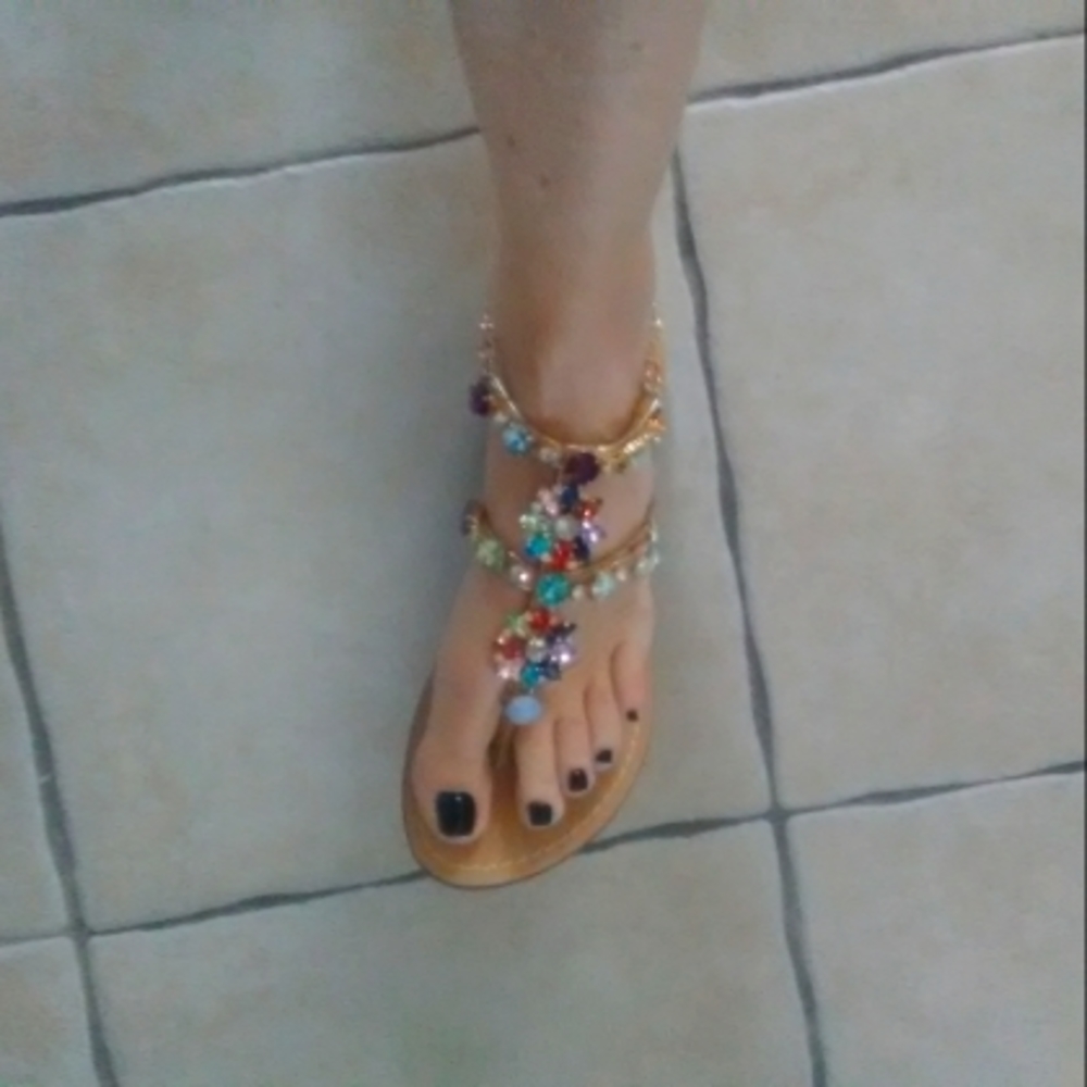 Brand New Most Modern Bohemian Multi-Colored JeweledT-Strap Sandals in Size 7